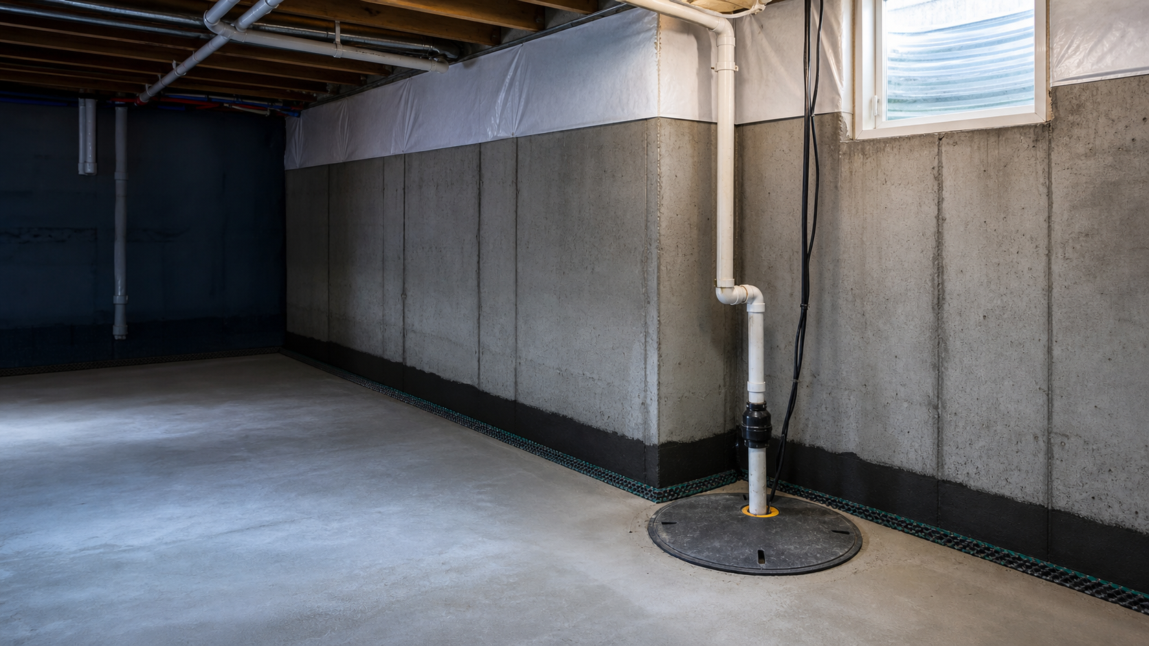 Interior drain tile channel and waterproofing detail along a Omaha-area basement foundation wall