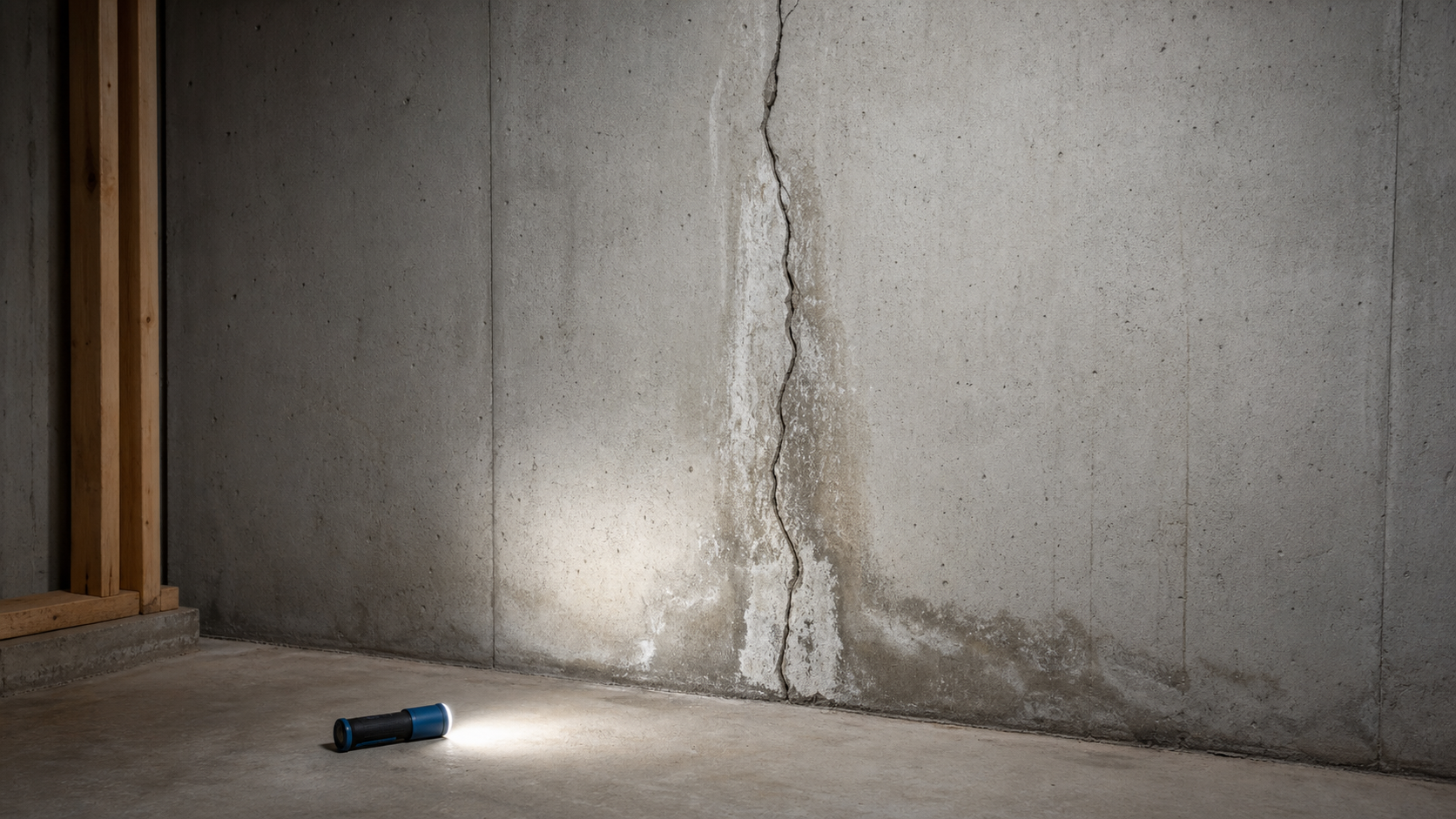 Vertical concrete foundation crack with moisture staining on an unfinished Omaha-area basement wall